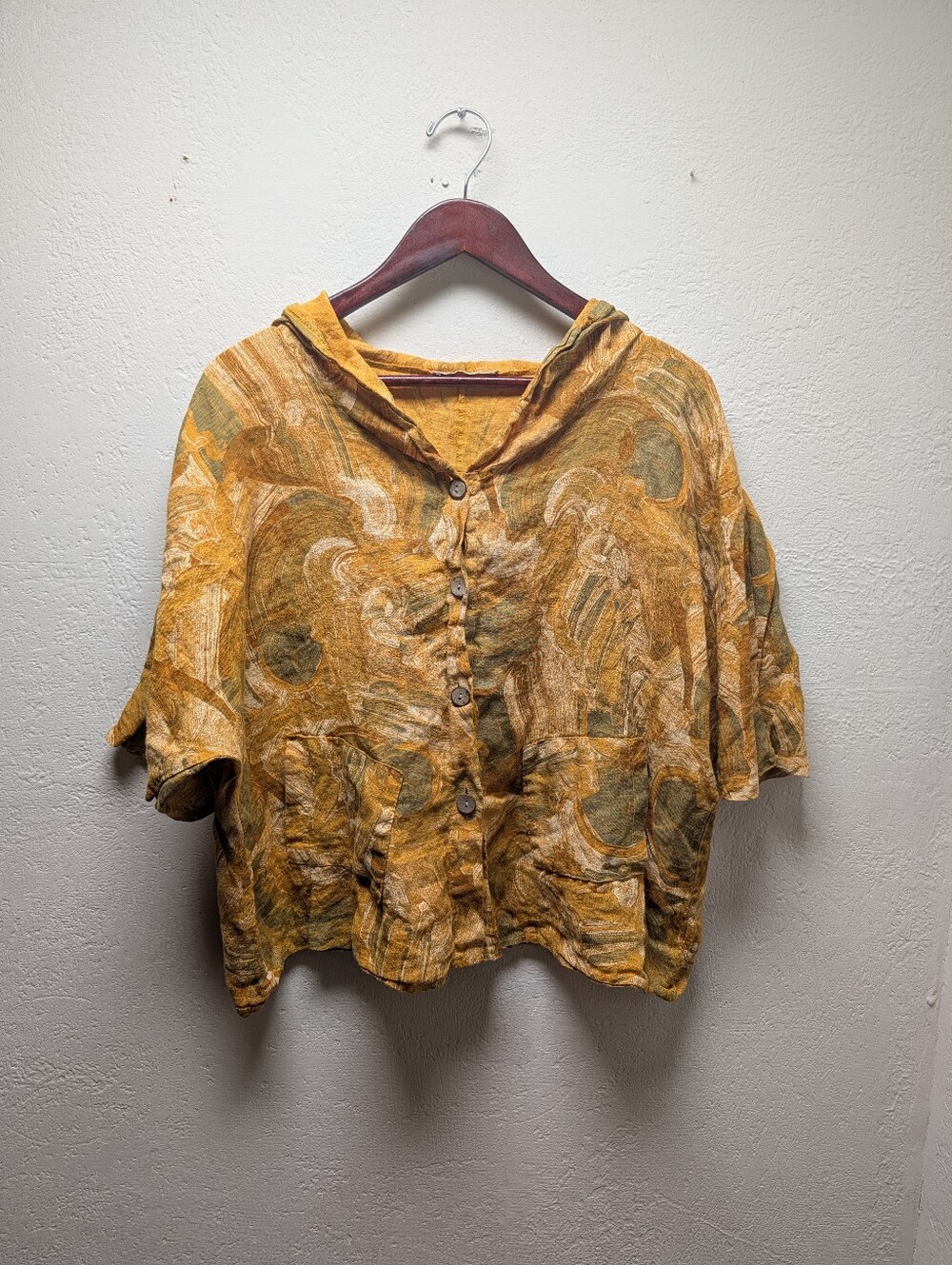 Lands Downunder Italian Linen Hooded Top Button Front Sz XL Lagenlook Boho Art